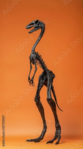 Coelophysis skeleton standing on orange background photo