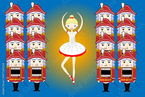 Vector banner with fabulous Christmas characters The Nutcracker and the ballerina. A ballerina surrounded by Nutcrackers. A Christmas tale for children. A Christmas card. Vector illustration