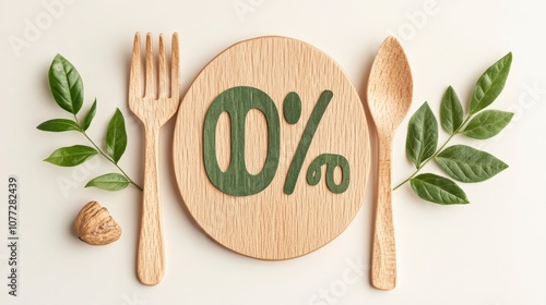 Eco-Friendly Dining: Wooden Utensils with Zero Percent Symbol Featuring Leaf Decor photo