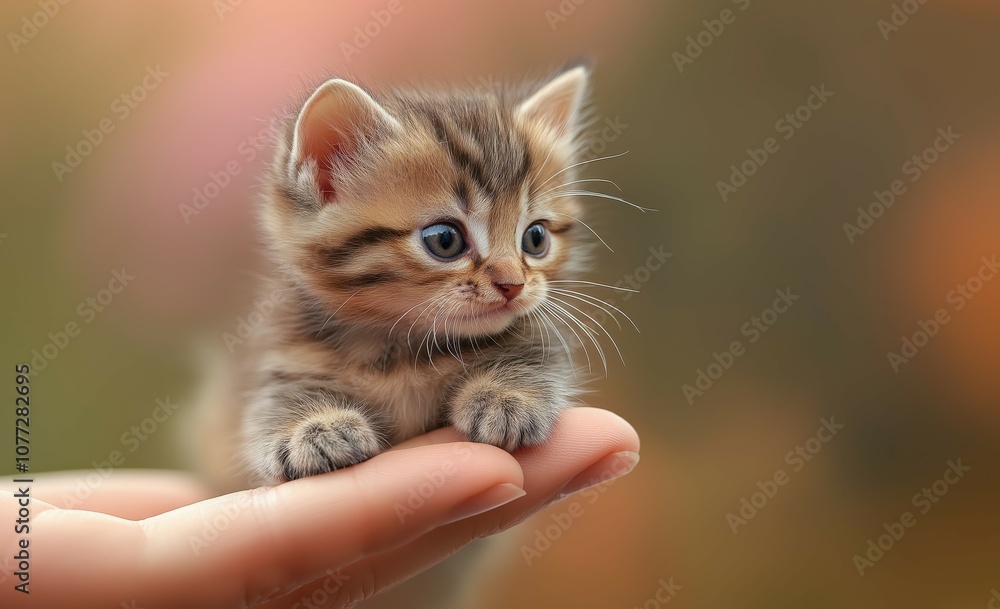 Fototapeta premium A tiny kitten perched on a person's hand, calm look.