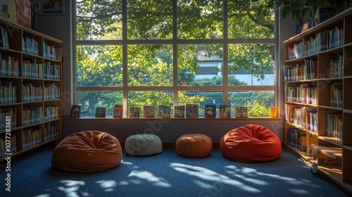 Bookshelves and Bean Bags in a Sunlit Library Room photo