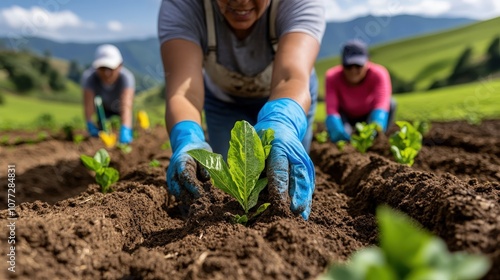 Farmers, clad in blue gloves, are diligently planting young crops in fertile soil, exemplifying teamwork and hard work amid scenic agricultural landscapes. photo