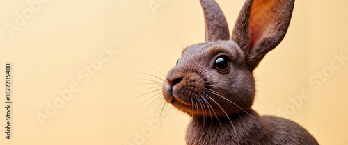 Close-up portrait of a curious brown rabbit on a soft yellow background photo