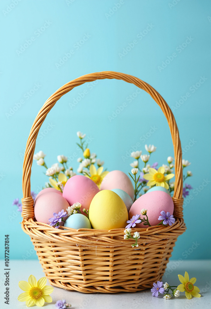 Fototapeta premium Woven basket with pastel Easter eggs and flowers on a bright blue background