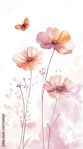 Minimal Watercolor Sketch of Flowers with Butterfly for Nursery Wall Art Generative AI