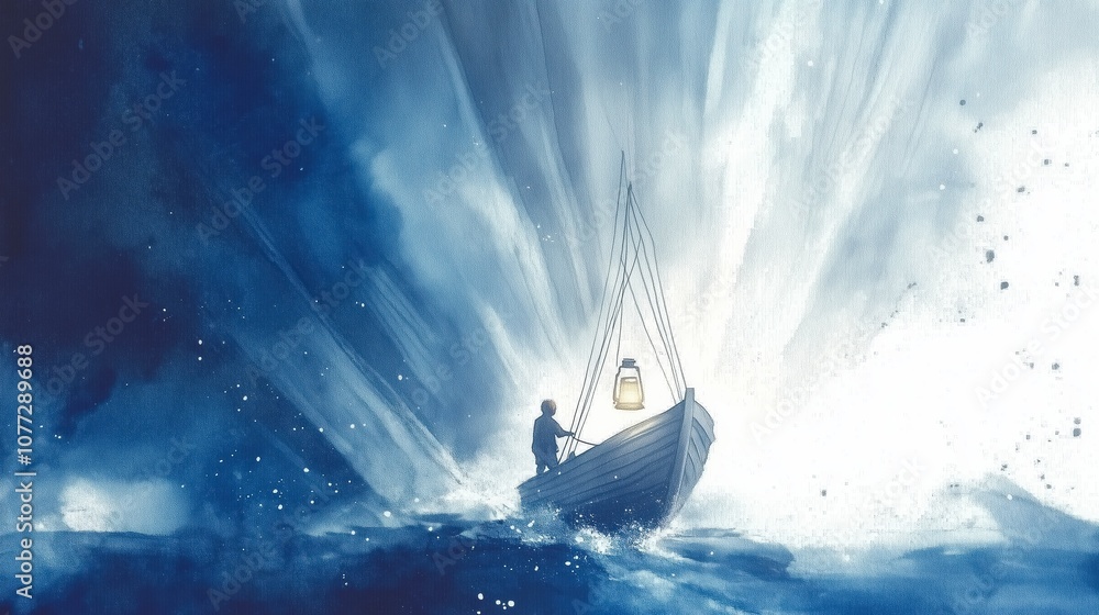 Obraz premium Person in a stormy sea with a boat, blues and grey watercolour, person holding a glowing lantern, symbolising self-guidance through mental health.