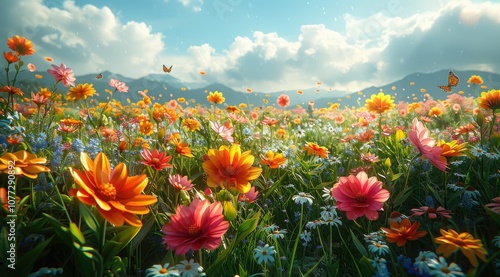 A vibrant field of colorful flowers in bloom with butterflies flying under a bright blue sky.