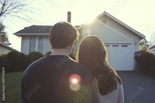 Rear view of a young couple standing in front of their first home, House owners for the first time