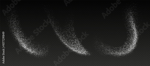 Falling sugar powder, flying salt. White crystals isolated on a transparent background. Vector illustration.