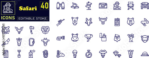 safari line web icons. African Animals, ecotourism activities.