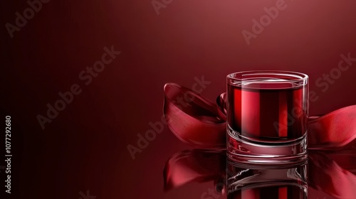 Elegant Red Drink in Glass with Red Ribbon Reflection on Dark Red Surface photo