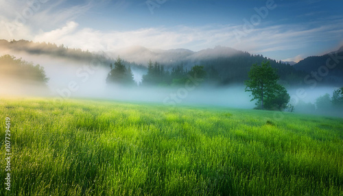fog in nature, green grass field, misty scenery, morning view