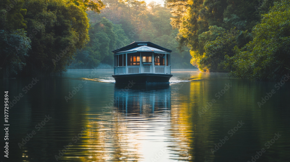 Fototapeta premium Houseboat on Calm Lake, Lush Greenery, Sunrise, River Cruise, Tranquil Scene