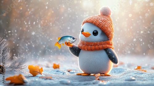 A cute penguin wearing an orange hat and scarf holds a fish, surrounded by a snowy landscape and falling snowflakes, creating a charming winter scene.