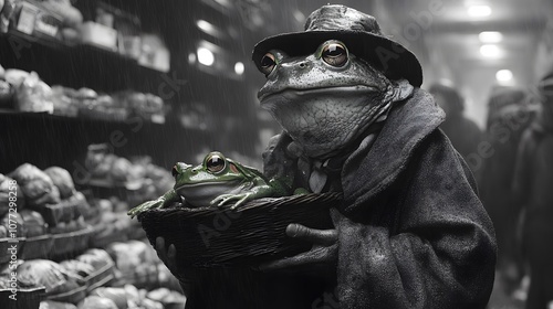 Frog in a Hat Walking in the Rain