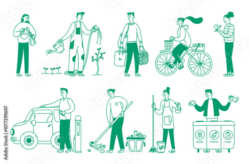 Hand drawn vector illustration set of people, caring about ecology, waste sorting, green energy, transport. Save the planet concept. Doodle style