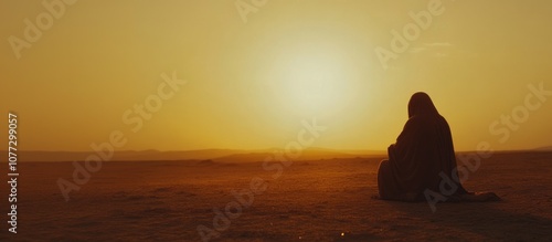 The Trial of the Savior. Jesus fasting and praying in the desert for 40 days. Jesus sits alone in the barren desert, deep in prayer. photo