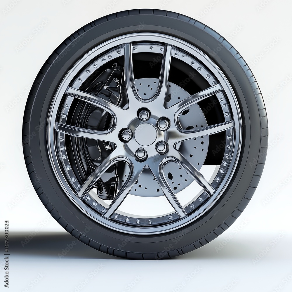 Obraz premium A close-up of a car wheel with its brake system, shown against a plain white background. This is a computer-generated image.