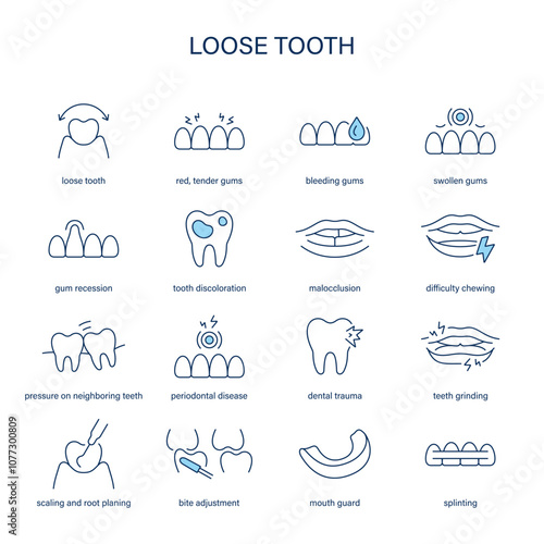 Loose Tooth symptoms, diagnostic and treatment vector icon set. Medical icons.