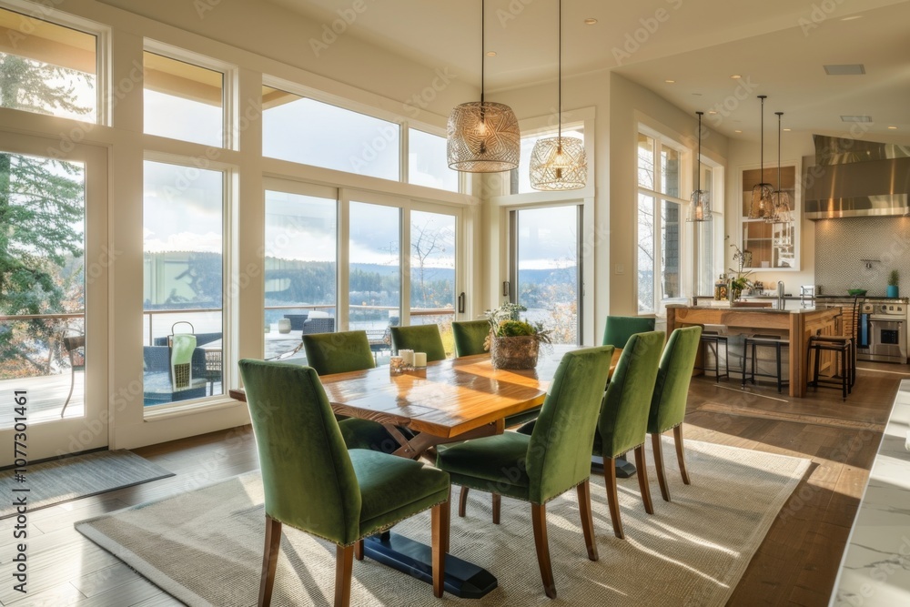 Fototapeta premium Interior of a modern dining room with large windows