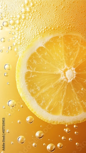 A vibrant closeup of lemon slices submerged in fizzy orange juice, capturing the refreshing essence of citrus and invigorating bubbles, creating a dynamic and tasty experience thats irresistible