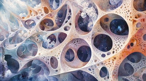 Cosmic Coccolith: Watercolor Interlocking Structure, Space, Nebula, Abstract
