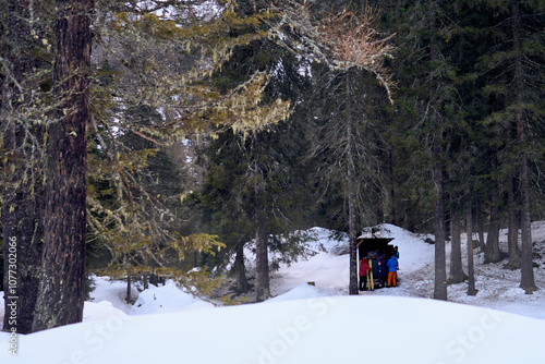 People enjoying winter activities near a rustic shelter in a snowy forest landscape