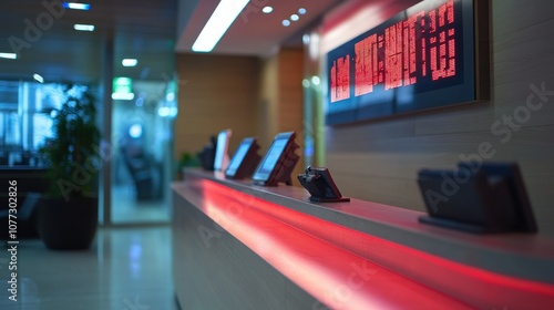 Modern Reception Desk with Red LED Lighting and Digital Display photo