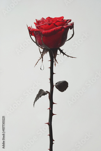 A single red rose with dewdrops