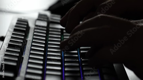 Man typing on PC keyboard at home. Close up view of hands writing email on computer. Freelancer, Project work, Sending message, Web communication, Digital office, Student. Late online working.