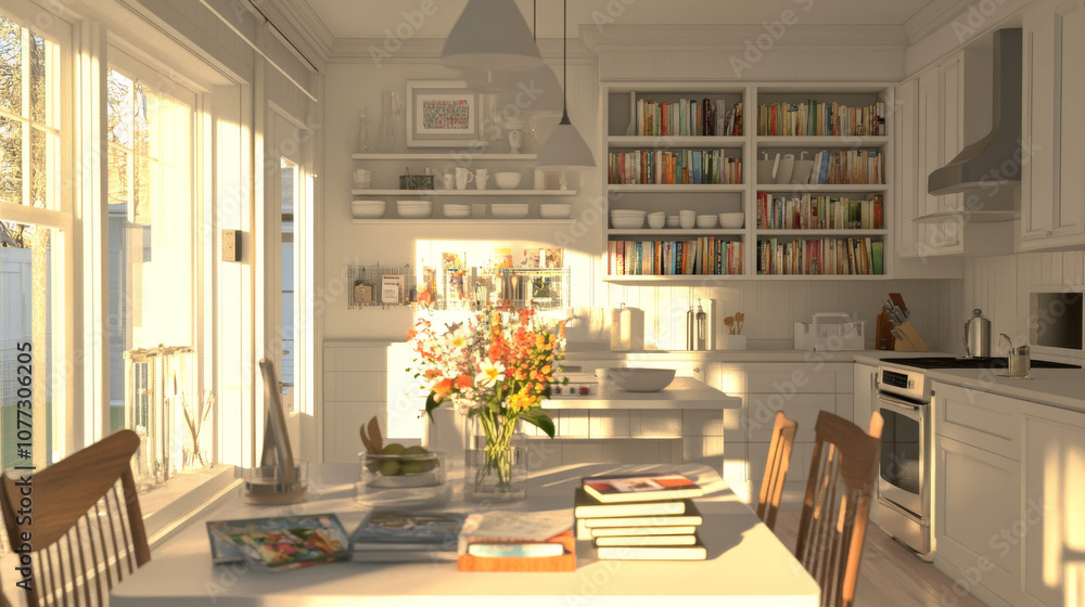 Fototapeta premium Bright Kitchen Book Club Meeting: Sunlight, Flowers, Books