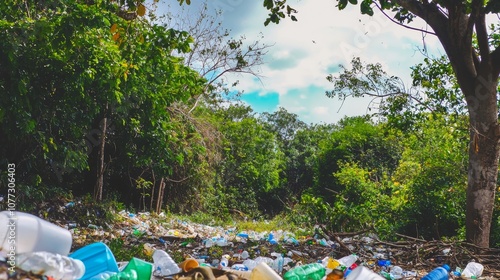 Plastic waste litters the forest floor, a stark reminder of human impact on the environment. photo