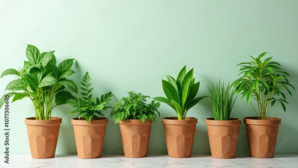 Fototapeta premium Stylish Set of Fresh Herbs in Terracotta Pots Against a Soft Green Background
