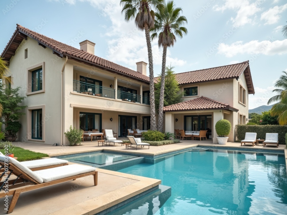 Fototapeta premium A luxurious villa features a beautiful swimming pool and palm trees. Sun loungers are arranged around the pool area, creating a perfect outdoor relaxation spot