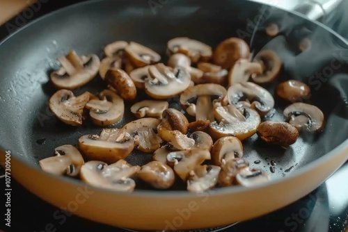 Sauted mushrooms in non stick frying pan photo