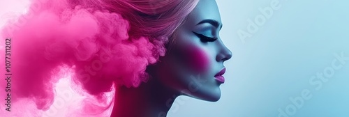 Intense Spirit: Astral Projection, a surreal portrait of a woman emerging from a pink cloud, symbolizing ethereal beauty, inner strength, spiritual awakening, transcendent experience, and transformati photo