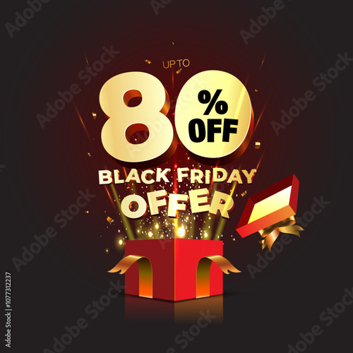 Black Friday offers, sale, shopping, deal, discount, logo, promotional concept design with red open gift box on Dark black and golden background. Vector illustration