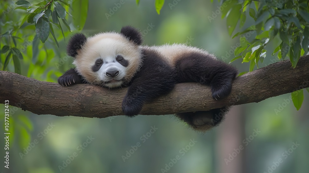 Obraz premium Sleeping Panda Cub in Tree