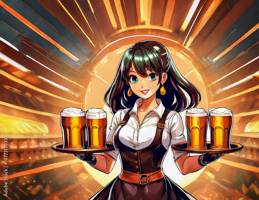 Eine Kellnerin mit Tablet voller Bier
