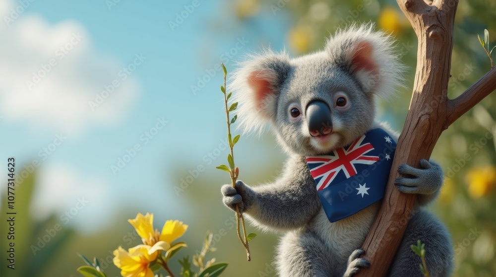 Obraz premium Cute koala perched on a eucalyptus tree, adorned with a small Australian flag around its neck. The scene captures the essence of Australia Day, with vibrant greenery
