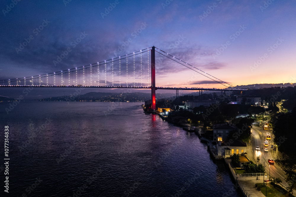 Fototapeta premium Istanbul, Turkey. Istanbul Bosphorus Bridge aerial view. Drone shot.