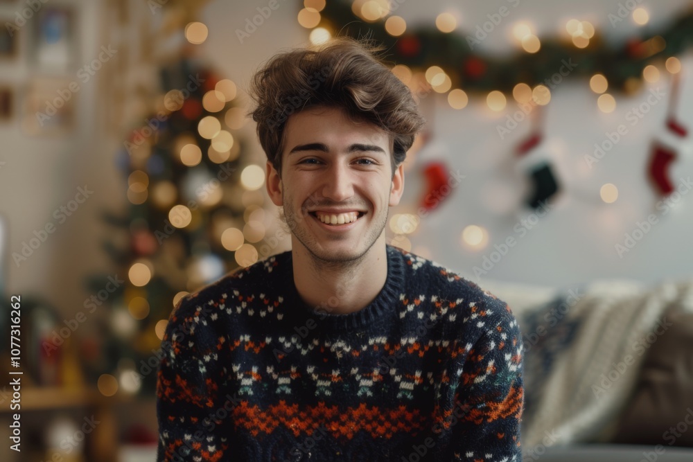 Obraz premium Portrait of a smiling young man in festive sweater in living room