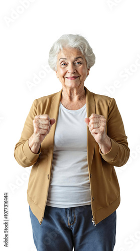 Elderly woman smiling, clenching her fists, looking at the camera, isolated on a white background