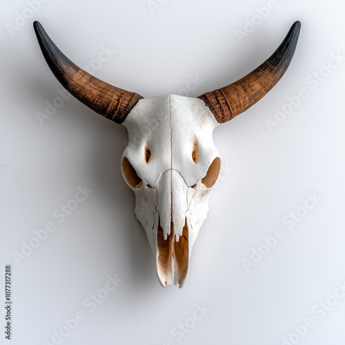 Beautiful longhorn skull with shining horns, displayed on a stark white backdrop photo