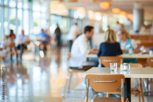 Hospital cafeteria with tables and healthy food options photo