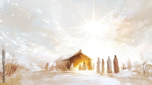Nativity. Figures gathered in reverence under the holy star. Digital painting.
