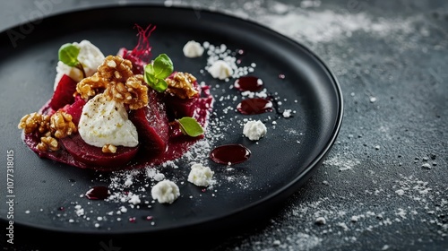 Roasted Beet Salad with Goat Cheese: Professional Food Photography on Matte Black Plate, Highlighting Candied Walnuts and Honey Drizzle, Clean Composition with Negative Space.