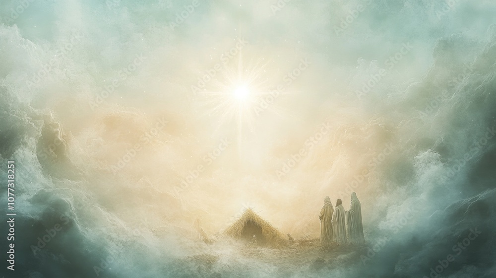 Fototapeta premium Nativity. Figures gathered in reverence under the holy star. Digital painting.