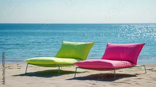 Vibrant green and pink beach lounge chairs on sandy shoreline by blue ocean for travel agency advertising concept photo