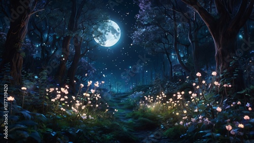 Enchanted Forest at Night with Glowing Flowers, Fairy Lights, and a Mystical, Dreamy Atmosphere V2